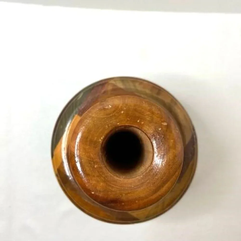 Wood Vase Handcrafted Jamaica Segmented Browns‎ Greens Neutral Signed 2006 10